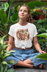 Becky is wearing 'Tiger eyes' design on white Gildan unisex tee by #Toptease